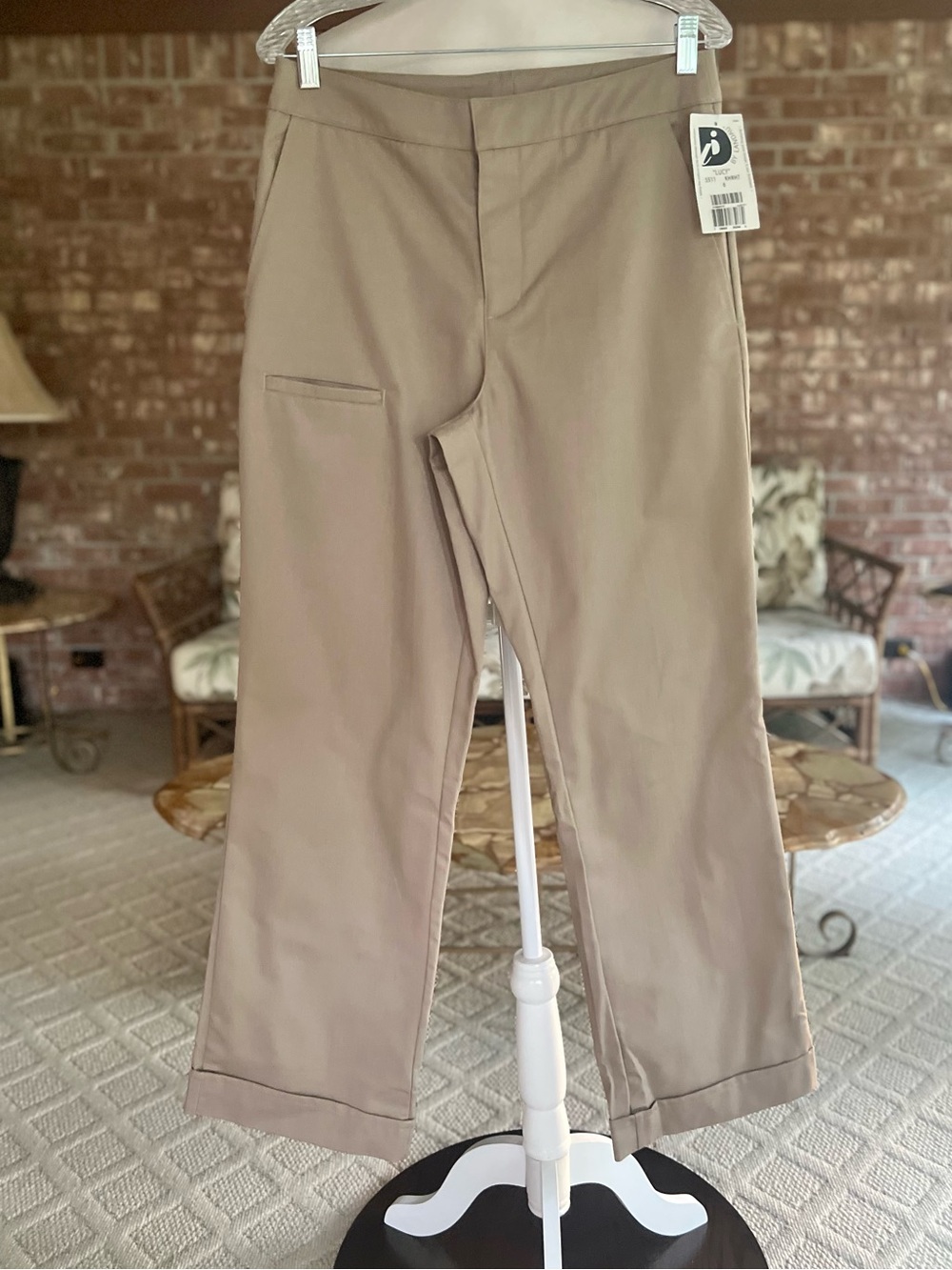 Landau Lucy Tan Straight Leg Cuffed Flat Front Pants NWT 6 Utility Classic
